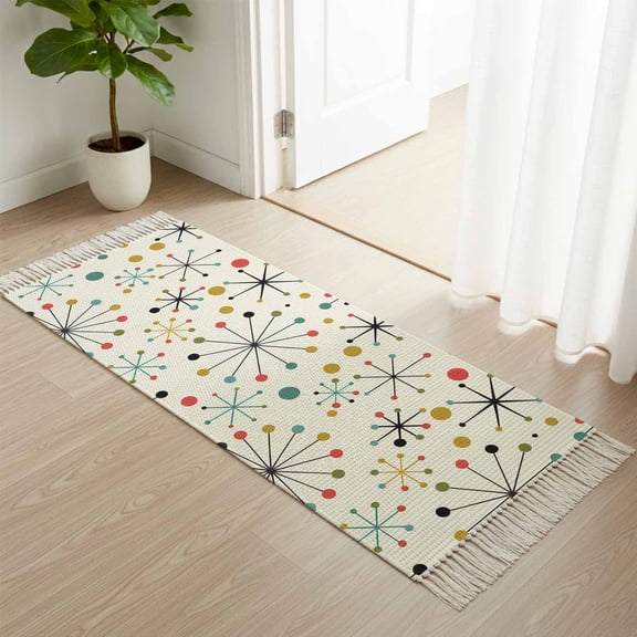 Kitchen Runner Rugs, Mid Century Abstract Geometric 2'x4' Throw Rug with Tassels, Modern Colorful Atomic Washable Soft Floor Carpet Runner for Hallway Bedroom Bathroom Laundry Room