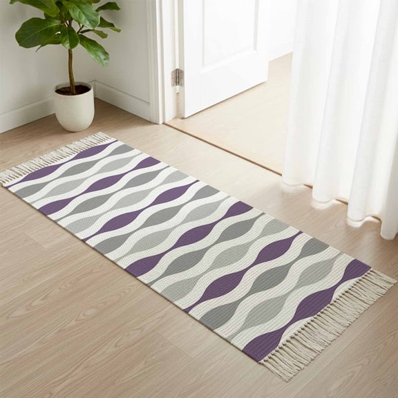 Kitchen Runner Rugs, Mid Century Purple Stripe Ripple 2'x4' Throw Rug with Tassels, Grey Gradient Abstract Geometric Washable Soft Floor Carpet Runner for Hallway Bedroom Bathroom Laundry Room