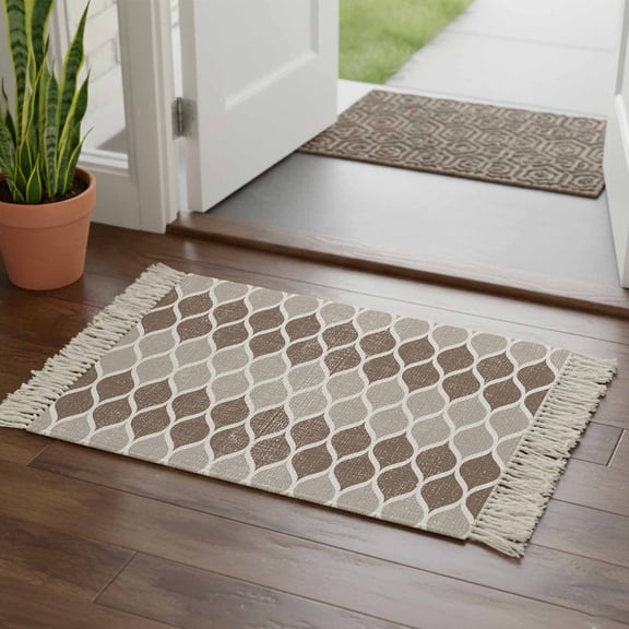 Kitchen Runner Rugs, Mid Century Retro Morocco Buffalo Lattice 2'x3' Throw Rug with Tassels, Abstract Geometric Linen Back Washable Soft Floor Carpet Runner for Hallway Bedroom Bathroom Laundry Room