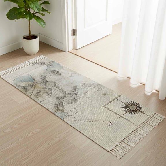 Kitchen Runner Rugs, Middle Earth Map on Retro 2'x4' Throw Rug with Tassels, Abstract Mountain Blue Lake Washable Soft Floor Carpet Runner for Hallway Bedroom Bathroom Laundry Room