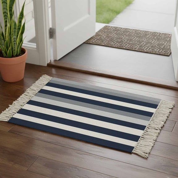 Kitchen Runner Rugs, Minimalist Art Horizontal Stripe 2'x3' Throw Rug with Tassels, Modern Blue Gray White Line Washable Soft Floor Carpet Runner for Hallway Bedroom Bathroom Laundry Room