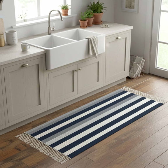 Kitchen Runner Rugs, Minimalist Art Horizontal Stripe 2'x6' Throw Rug with Tassels, Modern Blue Gray White Line Washable Soft Floor Carpet Runner for Hallway Bedroom Bathroom Laundry Room