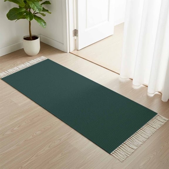 Kitchen Runner Rugs, Minimalist Art Solid Dark Green 2'x4' Throw Rug with Tassels, Plain Single Pure Color Washable Soft Floor Carpet Runner for Hallway Bedroom Bathroom Laundry Room