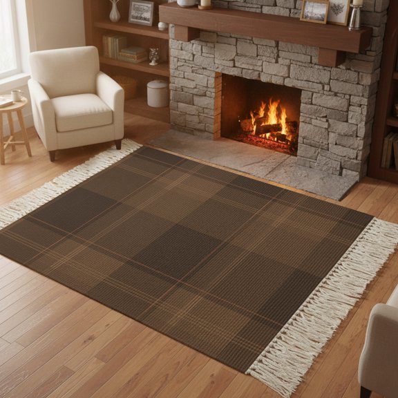Kitchen Runner Rugs, Minimalist Brown Plaid Tartan 4'x6' Throw Rug with Tassels, Farmhouse Tartan Checkered Washable Soft Floor Carpet Runner for Hallway Bedroom Bathroom Laundry Room