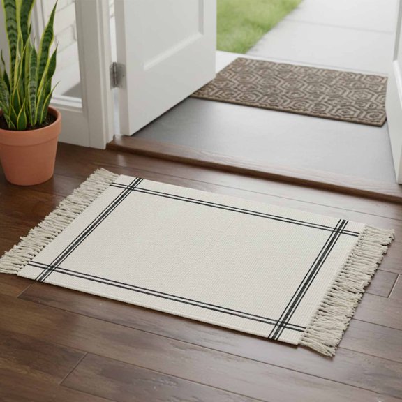 Kitchen Runner Rugs, Minimalist Modern Art 2'x3' Throw Rug with Tassels, Solid Pure White Color Washable Soft Floor Carpet Runner for Hallway Bedroom Bathroom Laundry Room