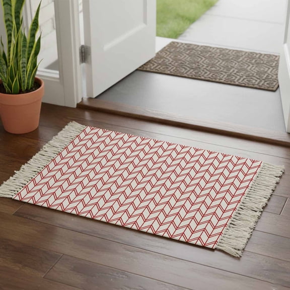Kitchen Runner Rugs, Minimalist Red Herringbone Texture 2'x3' Throw Rug with Tassels, Modern Geometric Stripe Washable Soft Floor Carpet Runner for Hallway Bedroom Bathroom Laundry Room
