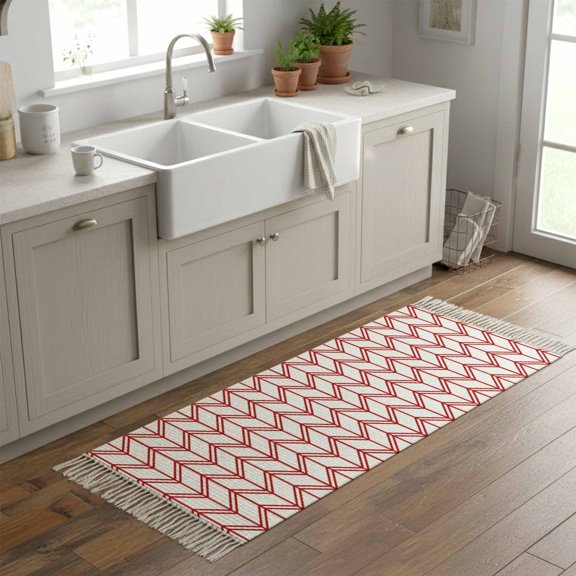 Kitchen Runner Rugs, Minimalist Red Herringbone Texture 2'x6' Throw Rug with Tassels, Modern Geometric Stripe Washable Soft Floor Carpet Runner for Hallway Bedroom Bathroom Laundry Room
