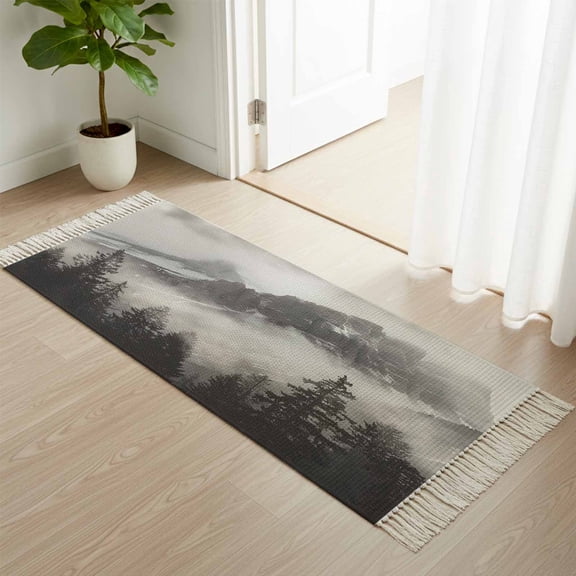 Kitchen Runner Rugs, Misty Snow Mountains 2'x4' Throw Rug with Tassels, Forest Landscape Grey Washable Soft Floor Carpet Runner for Hallway Bedroom Bathroom Laundry Room