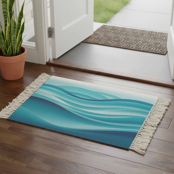 Kitchen Runner Rugs, Modern Abstract Ocean Waves Fluid Art 2'x3' Throw Rug with Tassels, Gradient Turquoise Blue Washable Soft Floor Carpet Runner for Hallway Bedroom Bathroom Laundry Room