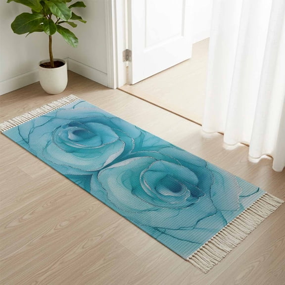 Kitchen Runner Rugs, Modern Blue Ombre Rose Texture 2'x4' Throw Rug with Tassels, Silver Lines Seamless Washable Soft Floor Carpet Runner for Hallway Bedroom Bathroom Laundry Room