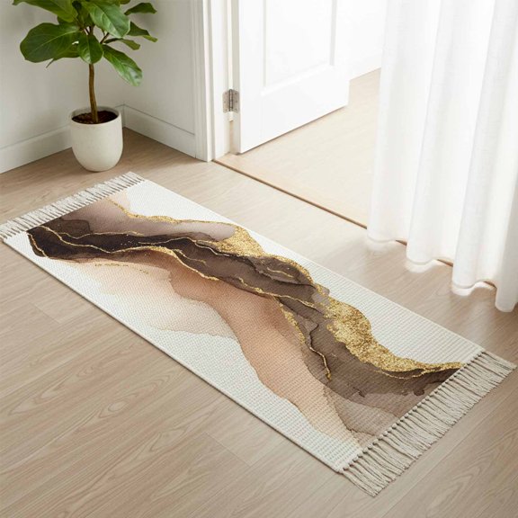 Kitchen Runner Rugs, Modern Brown Gold Marble Texture 2'x4' Throw Rug with Tassels, Abstract Stone Style Washable Soft Floor Carpet Runner for Hallway Bedroom Bathroom Laundry Room