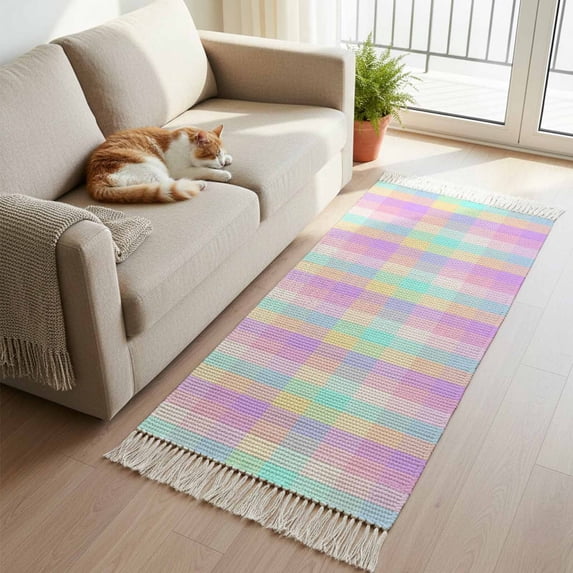 Kitchen Runner Rugs, Modern Color Plaid 2'x5' Throw Rug with Tassels, Classic Geometric Art Washable Soft Floor Carpet Runner for Hallway Bedroom Bathroom Laundry Room