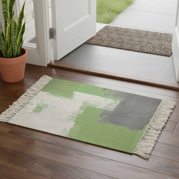 Kitchen Runner Rugs, Modern Graffiti Square Texture 2'x3' Throw Rug with Tassels, Sage Green Grey Color Block Washable Soft Floor Carpet Runner for Hallway Bedroom Bathroom Laundry Room