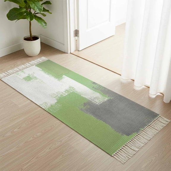 Kitchen Runner Rugs, Modern Graffiti Square Texture 2'x4' Throw Rug with Tassels, Sage Green Grey Color Block Washable Soft Floor Carpet Runner for Hallway Bedroom Bathroom Laundry Room