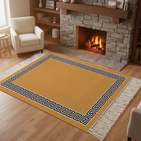 Kitchen Runner Rugs, Modern Greek Geometric Art on Orange 4'x6' Throw Rug with Tassels, Geometric Washable Soft Floor Carpet Runner for Hallway Bedroom Bathroom Laundry Room