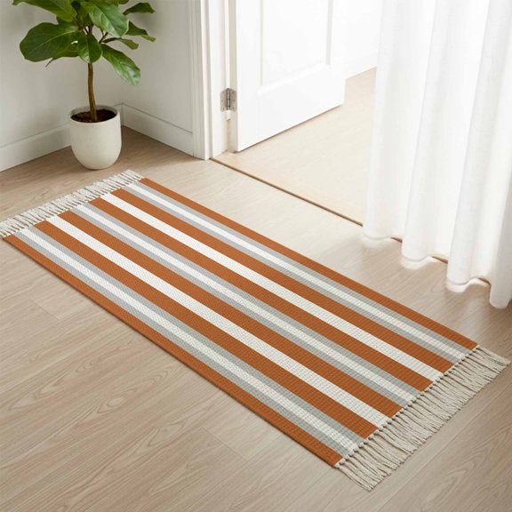 Kitchen Runner Rugs, Modern Minimalist Orange Gray Stripe 2'x4' Throw Rug with Tassels, Abstract Color Block Washable Soft Floor Carpet Runner for Hallway Bedroom Bathroom Laundry Room