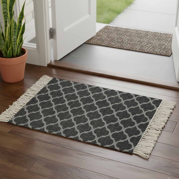Kitchen Runner Rugs, Moroccan Black Geometric Lattice 2'x3' Throw Rug with Tassels, Vintage Medieval Pattern Washable Soft Floor Carpet Runner for Hallway Bedroom Bathroom Laundry Room