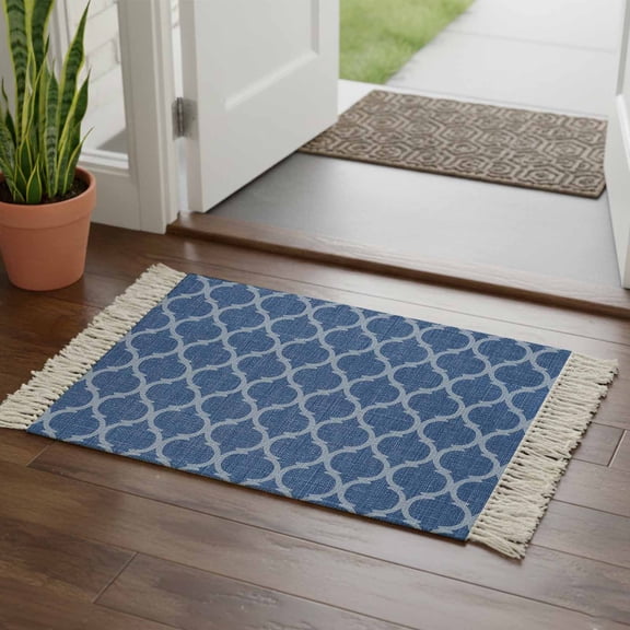 Kitchen Runner Rugs, Moroccan Blue Geometric 2'x3' Throw Rug with Tassels, Retro Linen Ethnic Pattern Washable Soft Floor Carpet Runner for Hallway Bedroom Bathroom Laundry Room