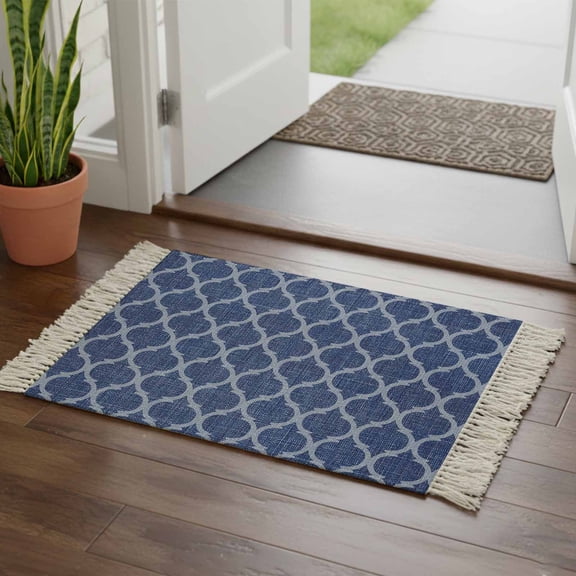 Kitchen Runner Rugs, Moroccan Blue Geometric Pattern 2'x3' Throw Rug with Tassels, Country Linen Texture Washable Soft Floor Carpet Runner for Hallway Bedroom Bathroom Laundry Room