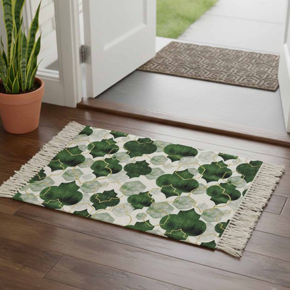 Kitchen Runner Rugs, Moroccan Deep Green Tile Lattice 2'x3' Throw Rug with Tassels, Geometric Diamond Texture Washable Soft Floor Carpet Runner for Hallway Bedroom Bathroom Laundry Room