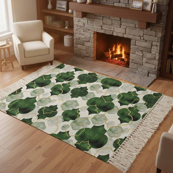 Kitchen Runner Rugs, Moroccan Deep Green Tile Lattice 4'x6' Throw Rug with Tassels, Geometric Diamond Texture Washable Soft Floor Carpet Runner for Hallway Bedroom Bathroom Laundry Room