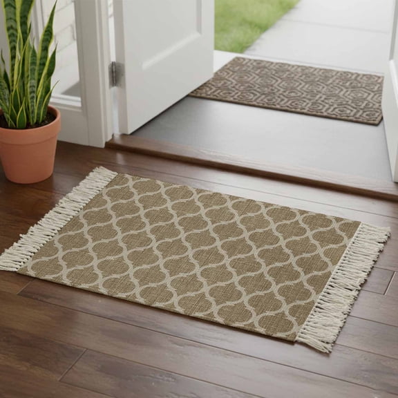 Kitchen Runner Rugs, Moroccan Geometric Style 2'x3' Throw Rug with Tassels, Vintage Brown Linen Texture Washable Soft Floor Carpet Runner for Hallway Bedroom Bathroom Laundry Room