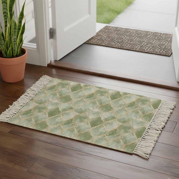 Kitchen Runner Rugs, Morocco Sage Green Geometric 2'x3' Throw Rug with Tassels, Abstract Marble Texture Washable Soft Floor Carpet Runner for Hallway Bedroom Bathroom Laundry Room