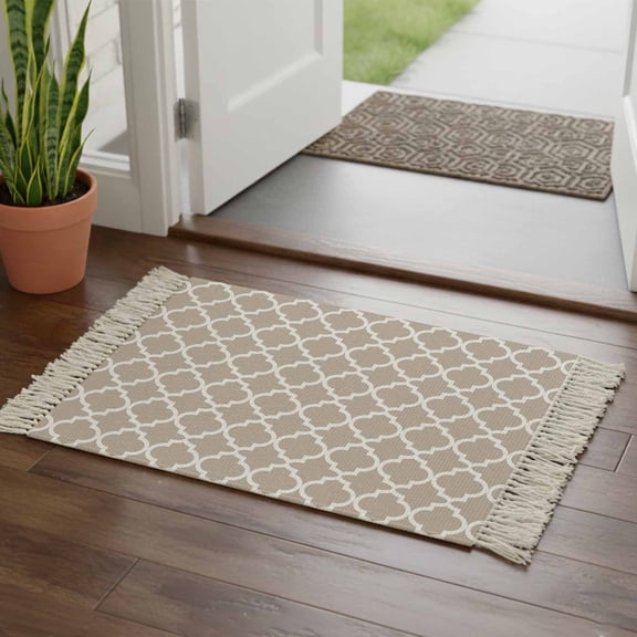 Kitchen Runner Rugs, Morocco Tile Texture Beige White 2'x3' Throw Rug with Tassels, Farmhouse Lattice Washable Soft Floor Carpet Runner for Hallway Bedroom Bathroom Laundry Room