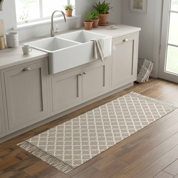 Kitchen Runner Rugs, Morocco Tile Texture Beige White 2'x6' Throw Rug with Tassels, Farmhouse Lattice Washable Soft Floor Carpet Runner for Hallway Bedroom Bathroom Laundry Room