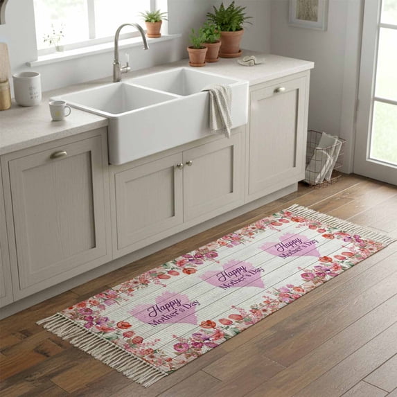 Kitchen Runner Rugs, Mother's Day Colorful Flower 2'x6' Throw Rug with Tassels, Blossom Floral Wood Board Washable Soft Floor Carpet Runner for Hallway Bedroom Bathroom Laundry Room