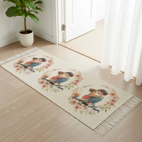 Kitchen Runner Rugs, Mother's Day Wreath Retro Linen 2'x4' Throw Rug with Tassels, Love You Mom Quote Washable Soft Floor Carpet Runner for Hallway Bedroom Bathroom Laundry Room