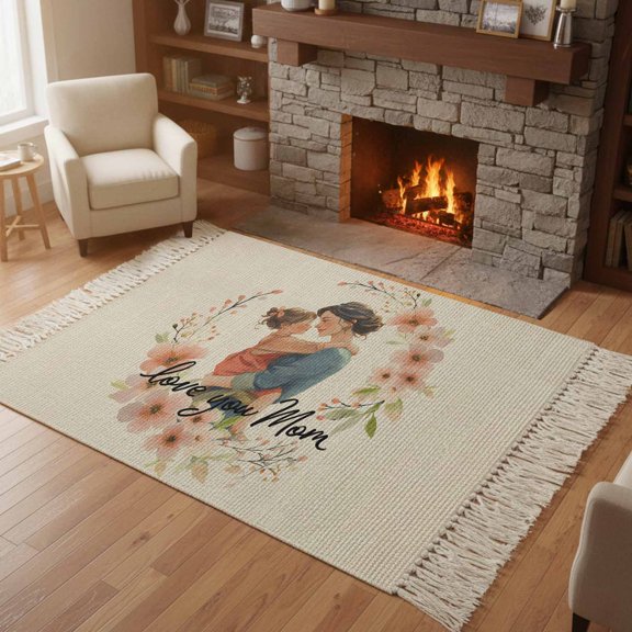 Kitchen Runner Rugs, Mother's Day Wreath Retro Linen 4'x6' Throw Rug with Tassels, Love You Mom Quote Washable Soft Floor Carpet Runner for Hallway Bedroom Bathroom Laundry Room