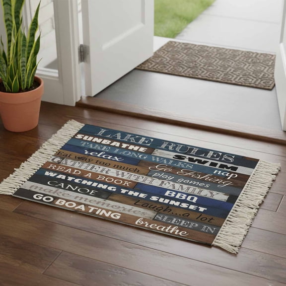 Kitchen Runner Rugs, Motivational Inspirational Happiness Quotes 2'x3' Throw Rug with Tassels, Retro Wood Plank Washable Soft Floor Carpet Runner for Hallway Bedroom Bathroom Laundry Room