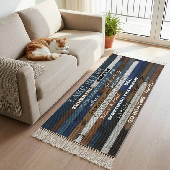 Kitchen Runner Rugs, Motivational Inspirational Happiness Quotes 2'x5' Throw Rug with Tassels, Retro Wood Plank Washable Soft Floor Carpet Runner for Hallway Bedroom Bathroom Laundry Room