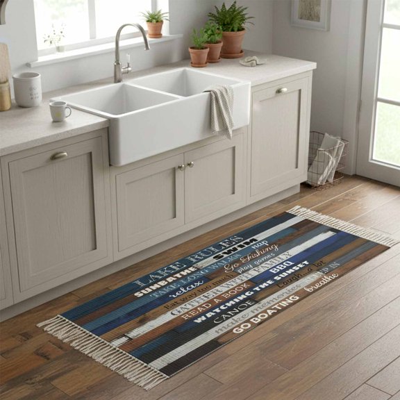 Kitchen Runner Rugs, Motivational Inspirational Happiness Quotes 2'x6' Throw Rug with Tassels, Retro Wood Plank Washable Soft Floor Carpet Runner for Hallway Bedroom Bathroom Laundry Room