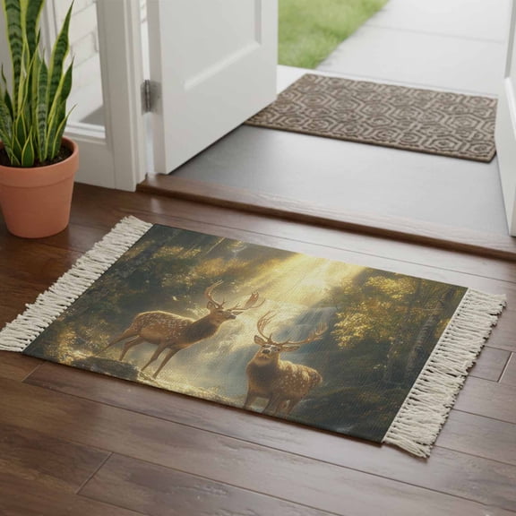 Kitchen Runner Rugs, Natural Forest Farm Deer Sunlight 2'x3' Throw Rug with Tassels, Waterfall River Wild Scene Washable Soft Floor Carpet Runner for Hallway Bedroom Bathroom Laundry Room