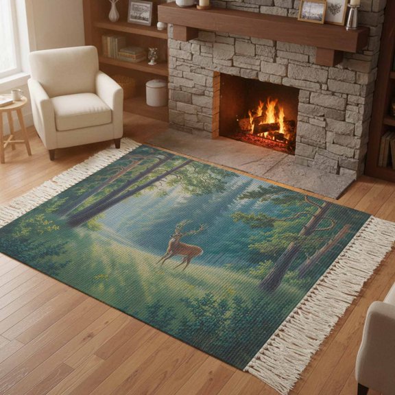 Kitchen Runner Rugs, Natural Forest Trees Wild Elk 4'x6' Throw Rug with Tassels, Nature Scenery Washable Soft Floor Carpet Runner for Hallway Bedroom Bathroom Laundry Room