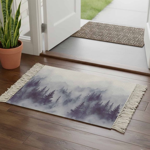 Kitchen Runner Rugs, Natural Misty Mountain Tree Forest 2'x3' Throw Rug with Tassels, Wild Hill Foggy Scenery Washable Soft Floor Carpet Runner for Hallway Bedroom Bathroom Laundry Room