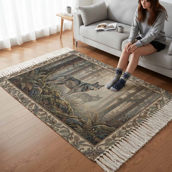 Kitchen Runner Rugs, Natural Wild Wolf Forest Scenery 3'x5' Throw Rug with Tassels, Animal Botanical Tree Plant Washable Soft Floor Carpet Runner for Hallway Bedroom Bathroom Laundry Room