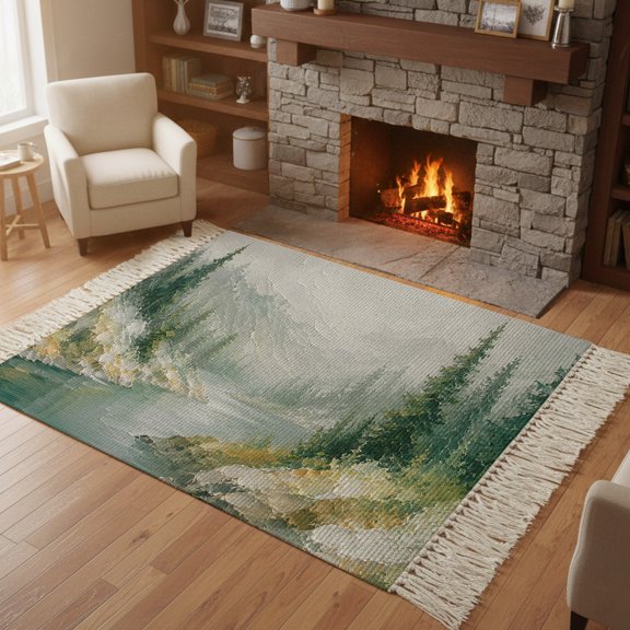 Kitchen Runner Rugs, Nature Mountain Forest Scene 4'x6' Throw Rug with Tassels, Pine Trees River Oil Painting Washable Soft Floor Carpet Runner for Hallway Bedroom Bathroom Laundry Room