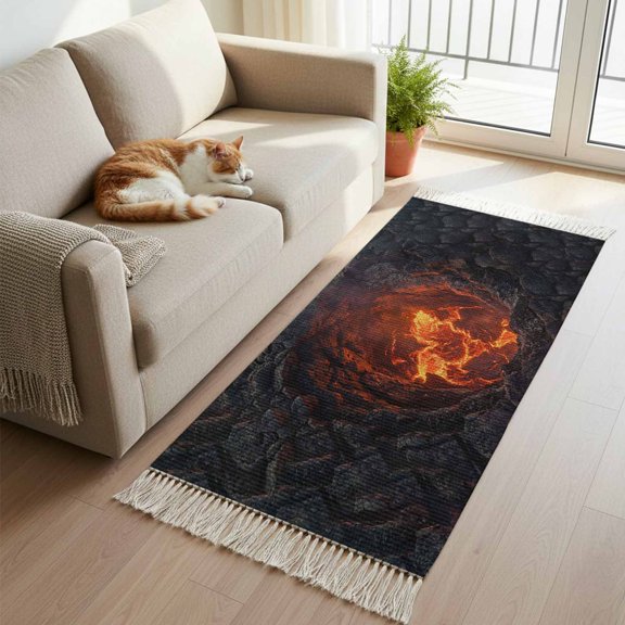 Kitchen Runner Rugs, Nature Volcanic Lava Crater 2'x5' Throw Rug with Tassels, Abstract Volcano Dark Abyss Fire Washable Soft Floor Carpet Runner for Hallway Bedroom Bathroom Laundry Room