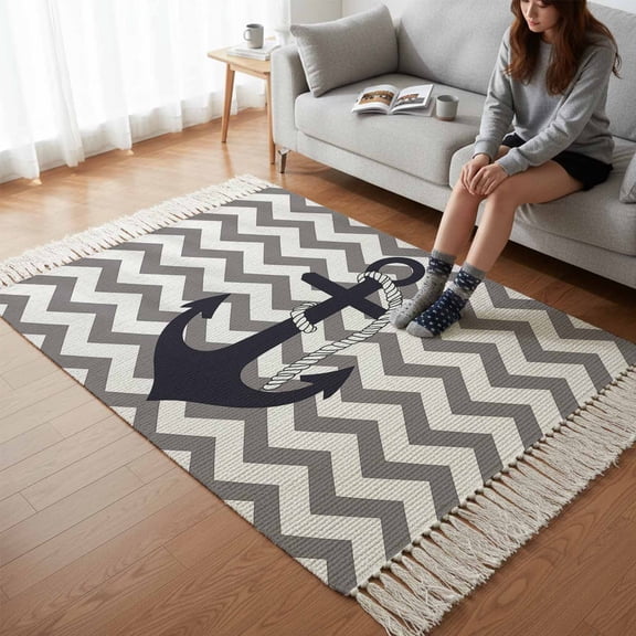 Kitchen Runner Rugs, Nautical Anchor Dark Blue 3'x5' Throw Rug with Tassels, Grey Zigzag Chevron Washable Soft Floor Carpet Runner for Hallway Bedroom Bathroom Laundry Room