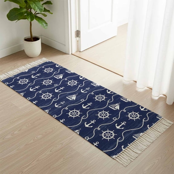 Kitchen Runner Rugs, Nautical Anchor Sailboat 2'x4' Throw Rug with Tassels, Deep Navy Blue Background Washable Soft Floor Carpet Runner for Hallway Bedroom Bathroom Laundry Room