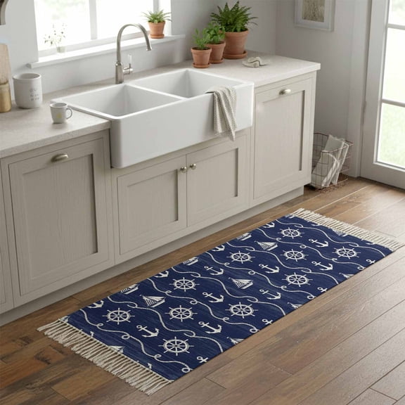 Kitchen Runner Rugs, Nautical Anchor Sailboat 2'x6' Throw Rug with Tassels, Deep Navy Blue Background Washable Soft Floor Carpet Runner for Hallway Bedroom Bathroom Laundry Room