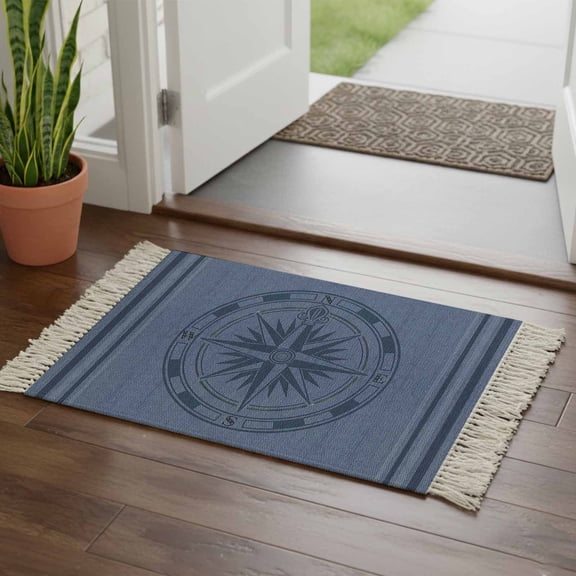 Kitchen Runner Rugs, Nautical Marine Compass Texture 2'x3' Throw Rug with Tassels, Stripe Line on Jean Blue Washable Soft Floor Carpet Runner for Hallway Bedroom Bathroom Laundry Room