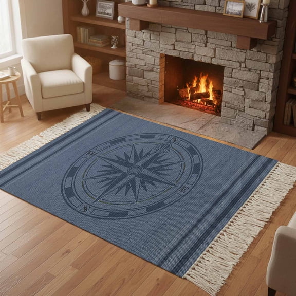 Kitchen Runner Rugs, Nautical Marine Compass Texture 4'x6' Throw Rug with Tassels, Stripe Line on Jean Blue Washable Soft Floor Carpet Runner for Hallway Bedroom Bathroom Laundry Room