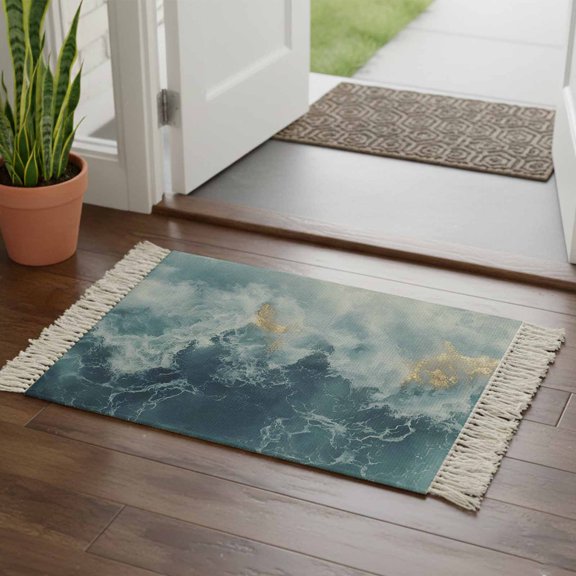 Kitchen Runner Rugs, Navy Blue Light Ocean Waves 2'x3' Throw Rug with Tassels, Abstract Turquoise Layers Washable Soft Floor Carpet Runner for Hallway Bedroom Bathroom Laundry Room