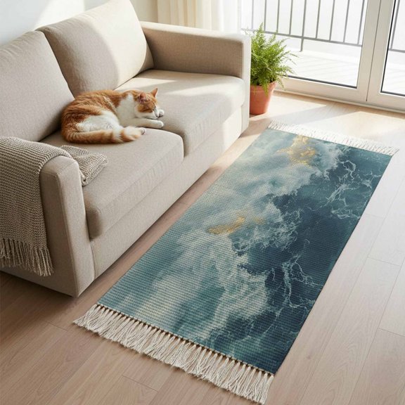 Kitchen Runner Rugs, Navy Blue Light Ocean Waves 2'x5' Throw Rug with Tassels, Abstract Turquoise Layers Washable Soft Floor Carpet Runner for Hallway Bedroom Bathroom Laundry Room