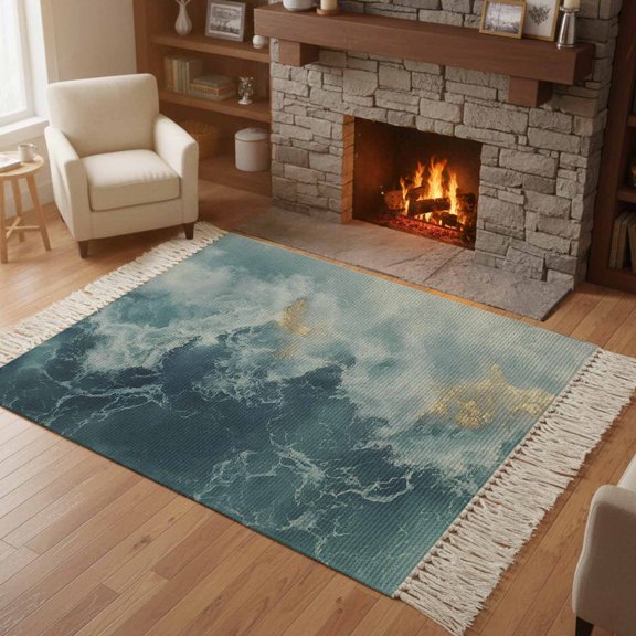 Kitchen Runner Rugs, Navy Blue Light Ocean Waves 4'x6' Throw Rug with Tassels, Abstract Turquoise Layers Washable Soft Floor Carpet Runner for Hallway Bedroom Bathroom Laundry Room