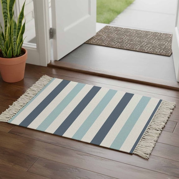 Kitchen Runner Rugs, Navy Blue Teal Geometric Stripes 2'x3' Throw Rug with Tassels, Gradient Line Minimalist Style Washable Soft Floor Carpet Runner for Hallway Bedroom Bathroom Laundry Room
